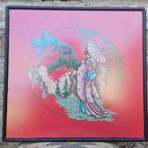 Vintage Embroidery tapestry wool work needlepoint japanese lady with umbrella